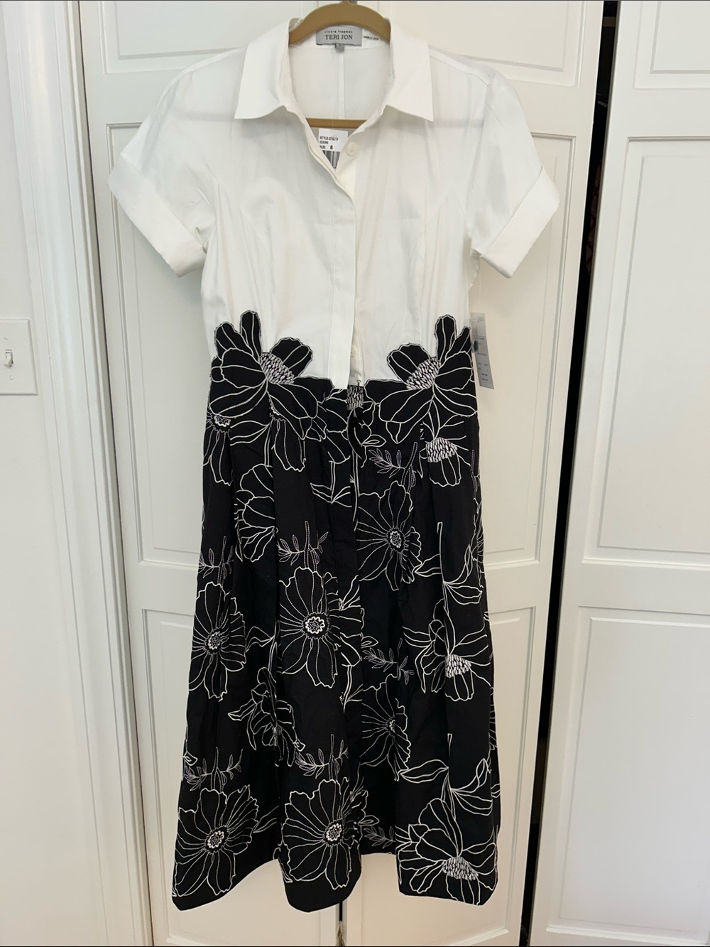 Teri Jon White Top Black Floral Embroidered Shirt Dress